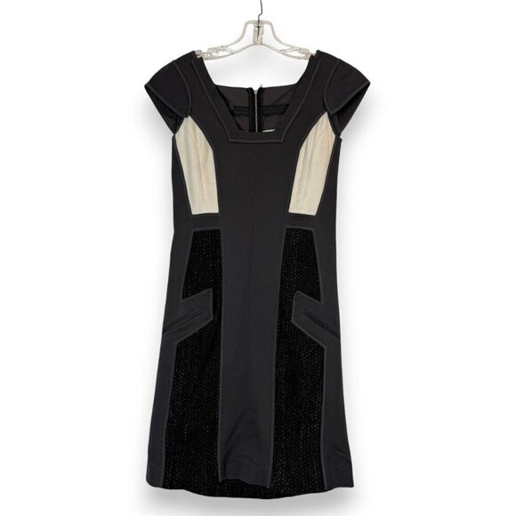 Italian Sheath Dress Wool Cashmere Color Block Gray Black Cream Designer 4 - Picture 2 of 13
